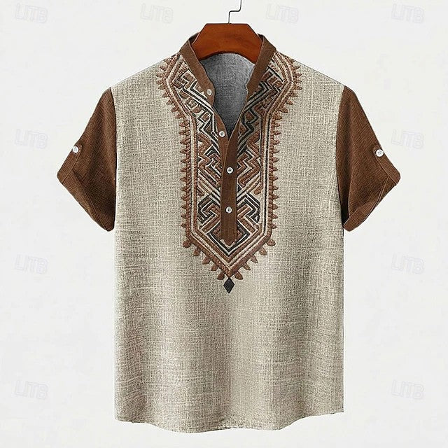 Effortless Tribal Embroidered Linen Henley Shirt for Women with Band Collar Short Sleeve Button Placket Casual Style