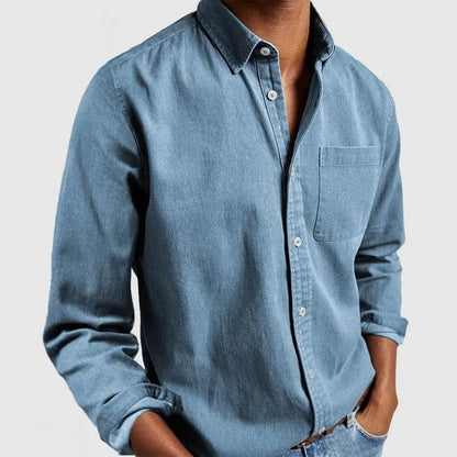 Effortless Denim Button Up Shirt for Women with Collar Long Sleeve Chest Pocket Relaxed Casual Style