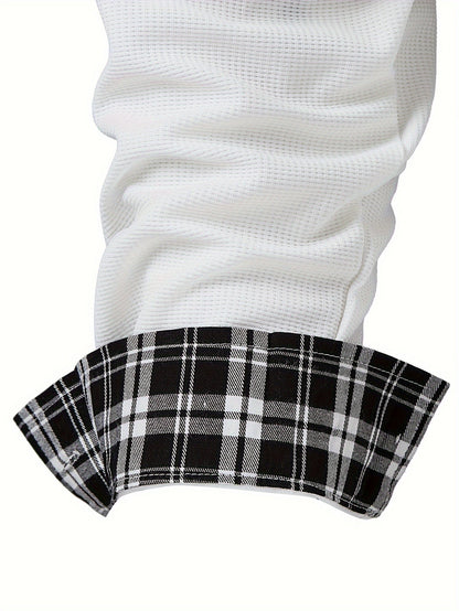 Effortless White Waffle Knit Button Down Shirt for Women with Plaid Collar Long Sleeve Button Front Chest Pocket Casual Style