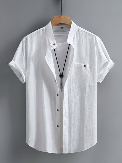 Effortless Linen Shirt for Women with Stand Collar Short Sleeve Button Front Casual Style