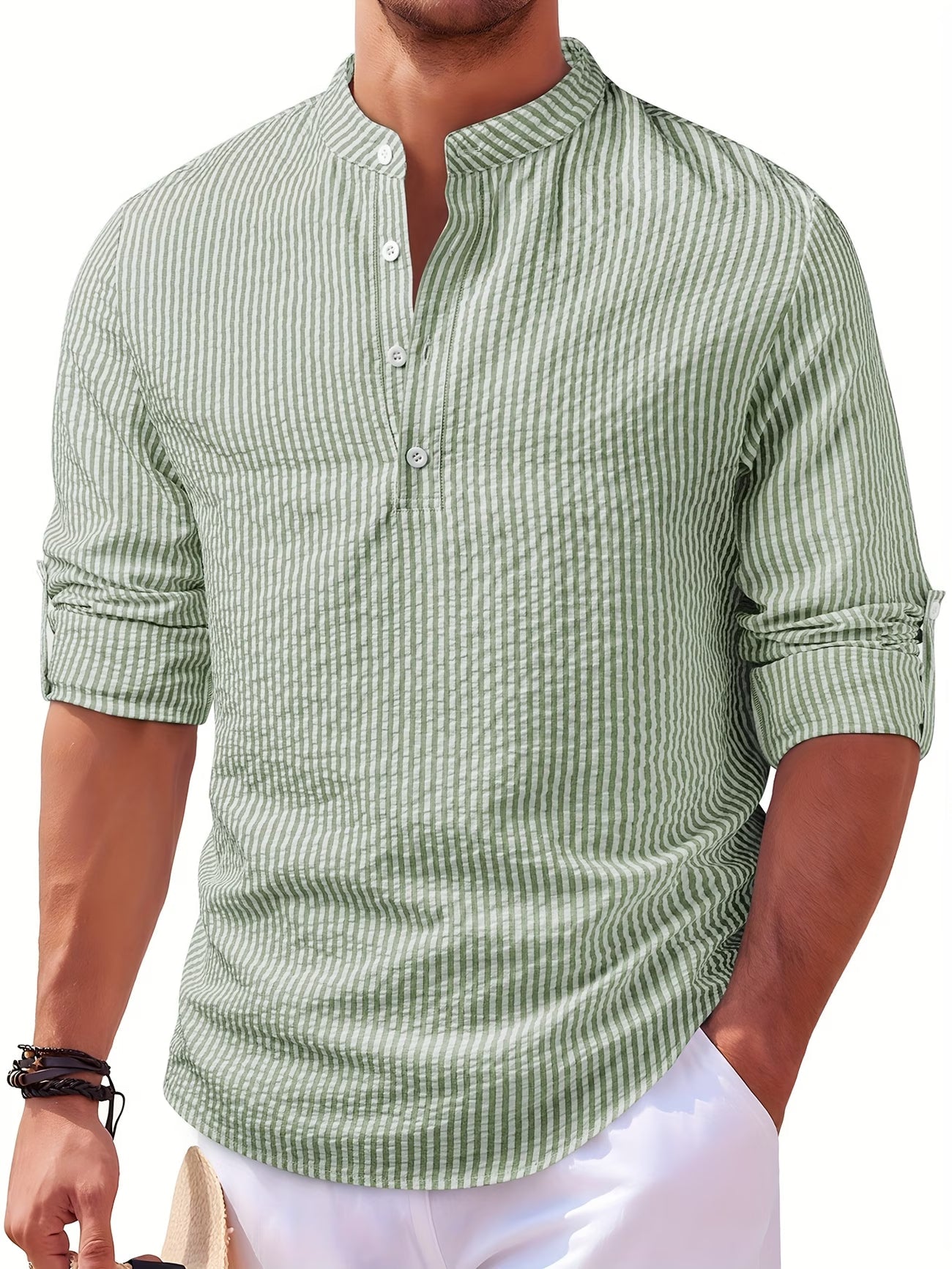 Effortless Striped Seersucker Shirt for Women with Band Collar Long Sleeve Henley Placket Relaxed Style