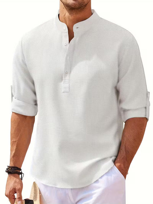 Effortless White Waffle Knit Blouse for Women with Band Collar Long Sleeve Roll Tab Cuff Casual Style