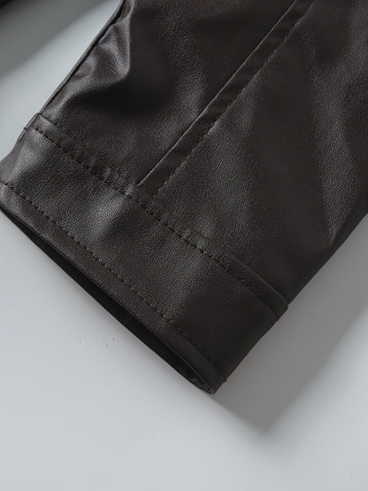 Elegant Navy Blue Leather Jacket for Women with Stand Collar Long Sleeve Zip Pocket Moto Style