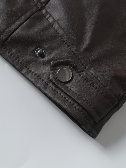 Elegant Navy Blue Leather Jacket for Women with Stand Collar Long Sleeve Zip Pocket Moto Style