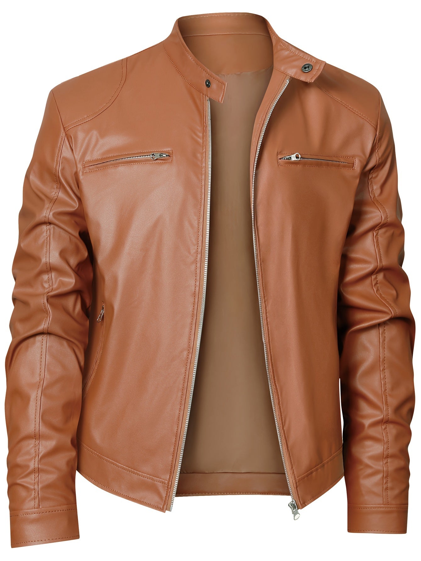 Elegant Navy Blue Leather Jacket for Women with Stand Collar Long Sleeve Zip Pocket Moto Style