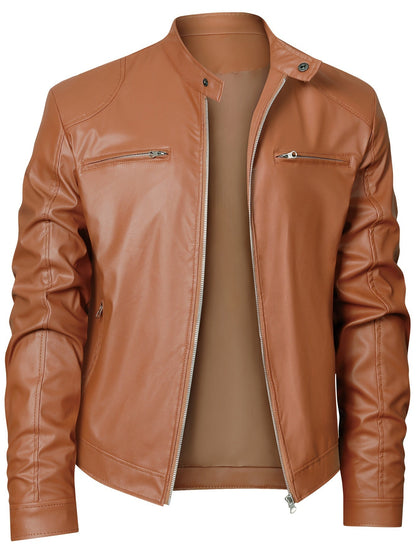 Elegant Navy Blue Leather Jacket for Women with Stand Collar Long Sleeve Zip Pocket Moto Style