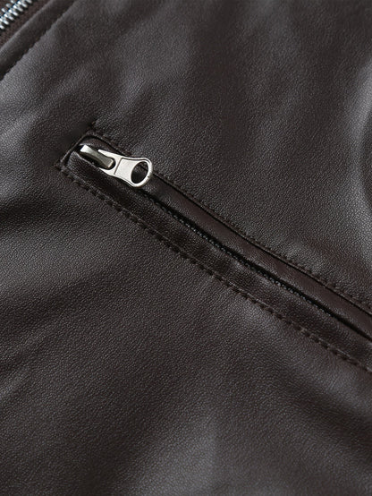 Elegant Navy Blue Leather Jacket for Women with Stand Collar Long Sleeve Zip Pocket Moto Style
