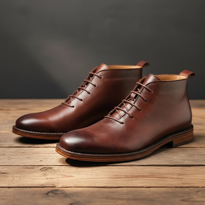 Elegant Leather Chukka Boots for Women with Lace Up Round Toe Stacked Heel Style