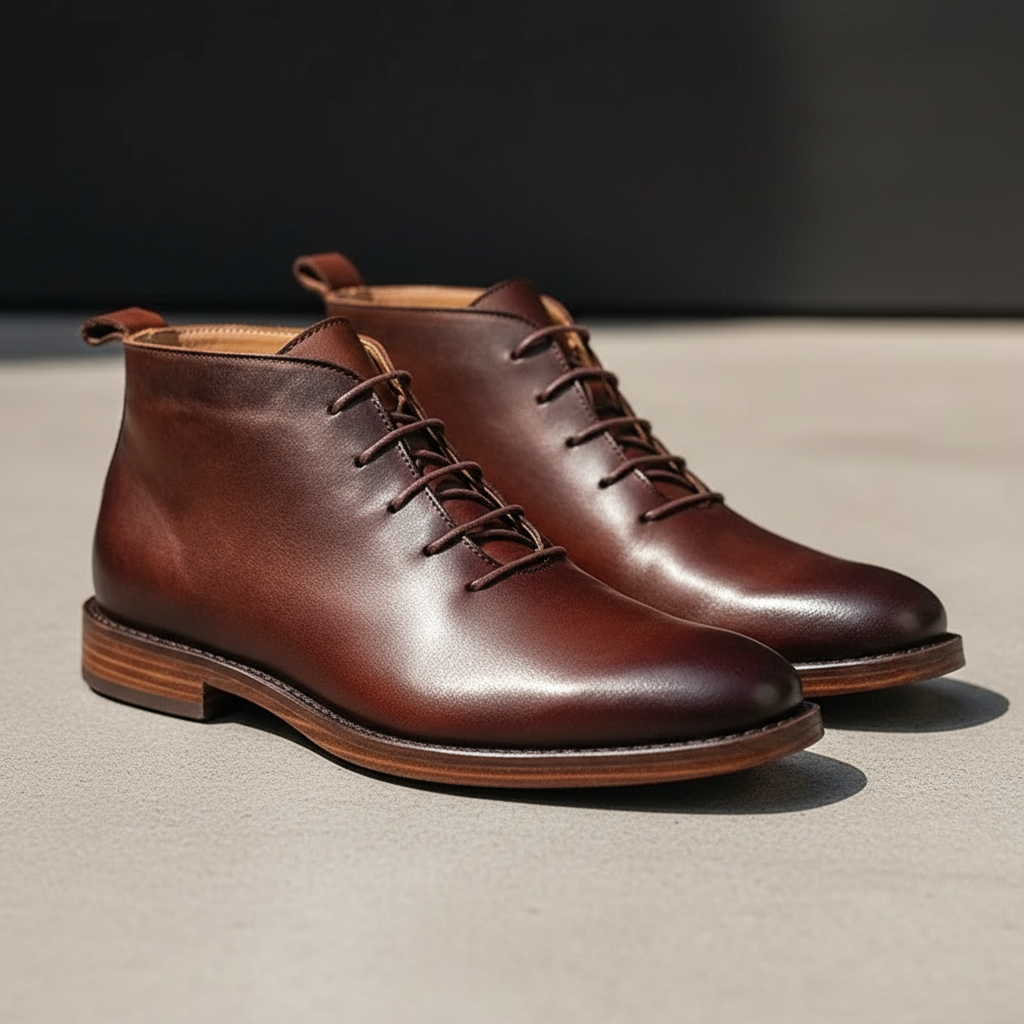 Elegant Leather Chukka Boots for Women with Lace Up Round Toe Stacked Heel Style