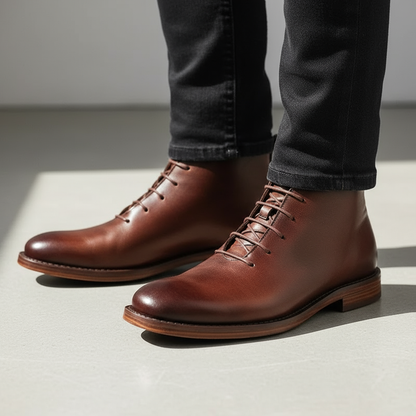 Elegant Leather Chukka Boots for Women with Lace Up Round Toe Stacked Heel Style