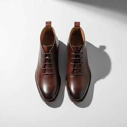 Elegant Leather Chukka Boots for Women with Lace Up Round Toe Stacked Heel Style