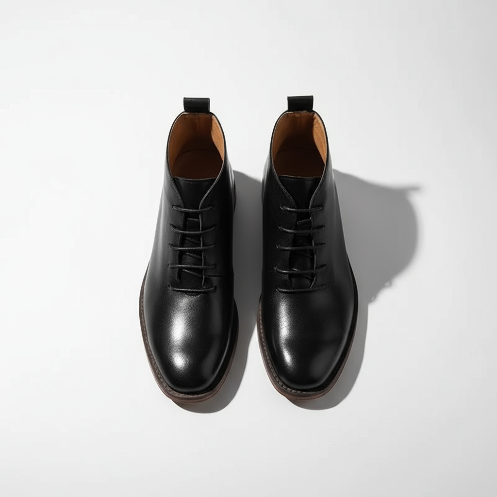 Elegant Leather Chukka Boots for Women with Lace Up Round Toe Stacked Heel Style
