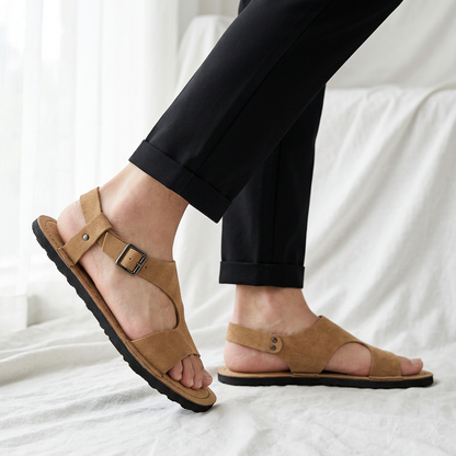 Effortless Suede Buckle Sandal for Women with Open Toe Ankle Strap Flat Casual Style