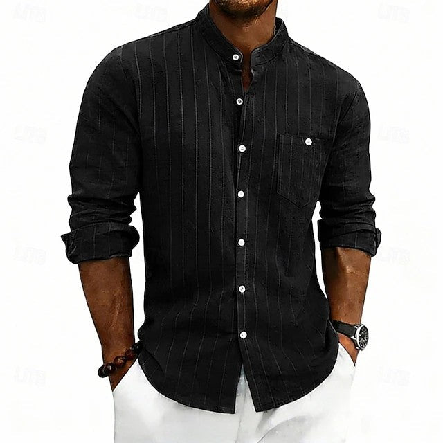 Effortless Striped Linen Shirt for Women with Band Collar Long Sleeve Button Front Casual Style