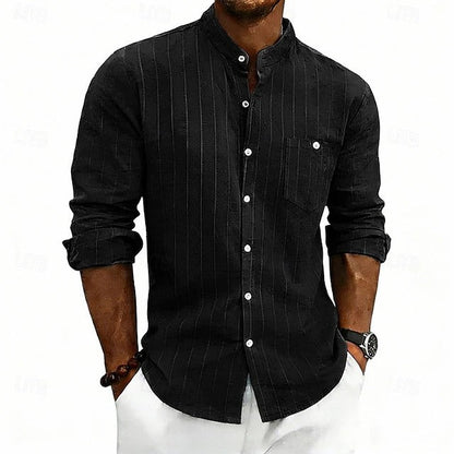 Effortless Striped Linen Shirt for Women with Band Collar Long Sleeve Button Front Casual Style