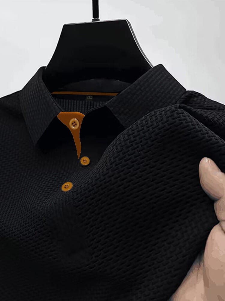Effortless Textured Waffle Knit Polo Shirt for Women with Collared Long Sleeve Contrast Button Placket Casual Style