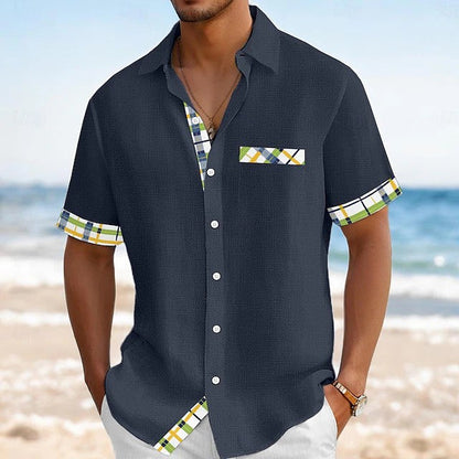 Effortless Plaid Trim Linen Shirt for Women with Collar Short Sleeve Button Front Relaxed Casual Style