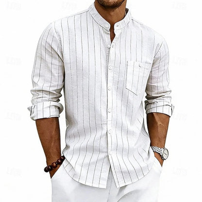 Effortless Striped Linen Shirt for Women with Band Collar Long Sleeve Button Front Casual Style