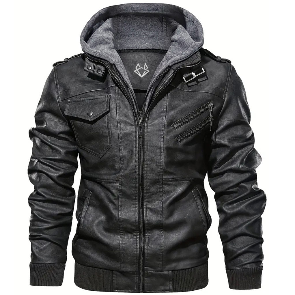 Elegant Black Leather Jacket for Women with Hooded Collar Long Sleeve Zip Front Casual Style