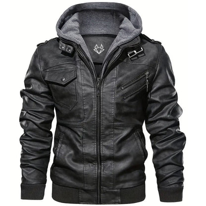Elegant Black Leather Jacket for Women with Hooded Collar Long Sleeve Zip Front Casual Style