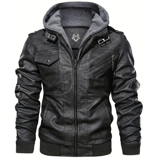 Elegant Black Leather Jacket for Women with Hooded Collar Long Sleeve Zip Front Casual Style