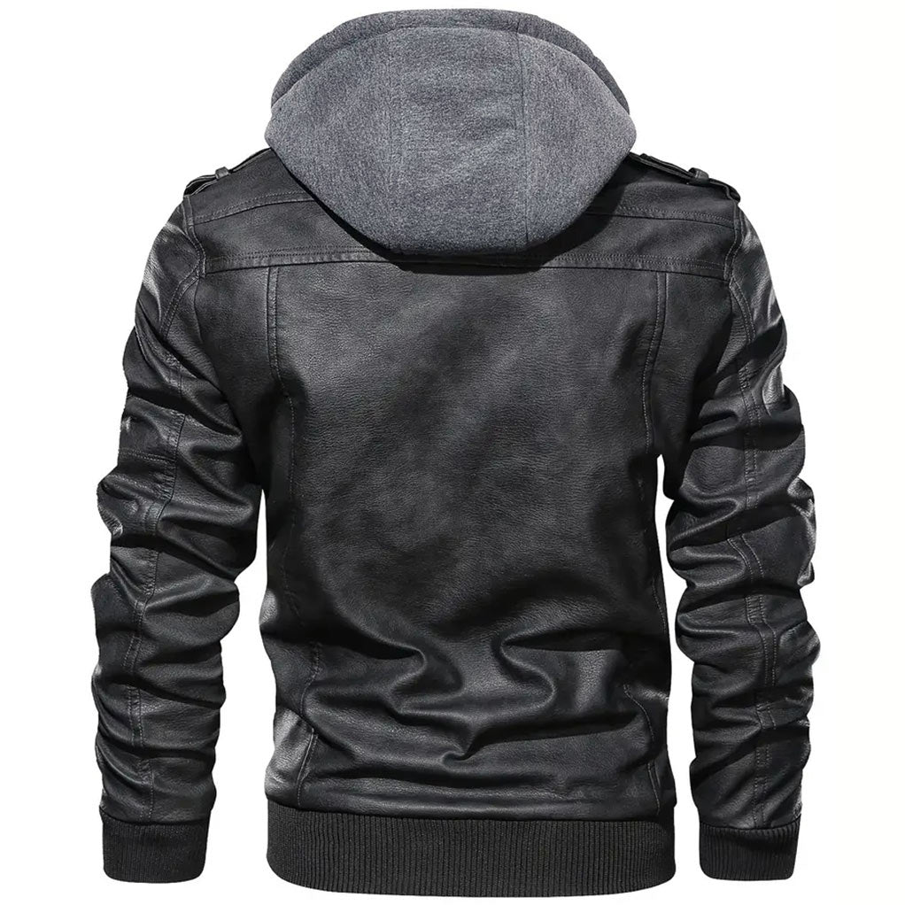 Elegant Black Leather Jacket for Women with Hooded Collar Long Sleeve Zip Front Casual Style