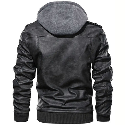 Elegant Black Leather Jacket for Women with Hooded Collar Long Sleeve Zip Front Casual Style
