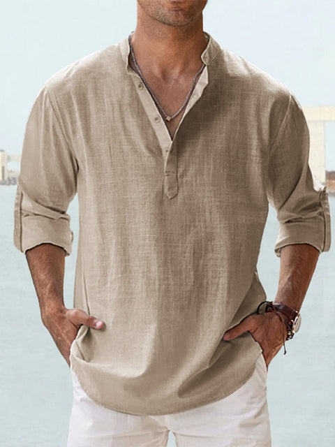 Effortless Linen Shirt for Women with Band Collar Long Sleeve Relaxed Button Placket Casual Style