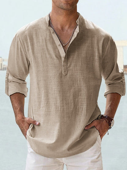 Effortless Linen Shirt for Women with Band Collar Long Sleeve Relaxed Button Placket Casual Style