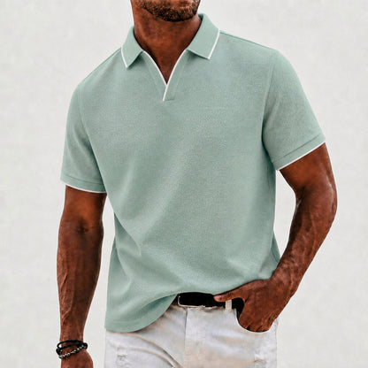 Effortless Waffle Knit Polo Shirt for Women with V Neck Collar Short Sleeve Contrast Tipped Relaxed Style