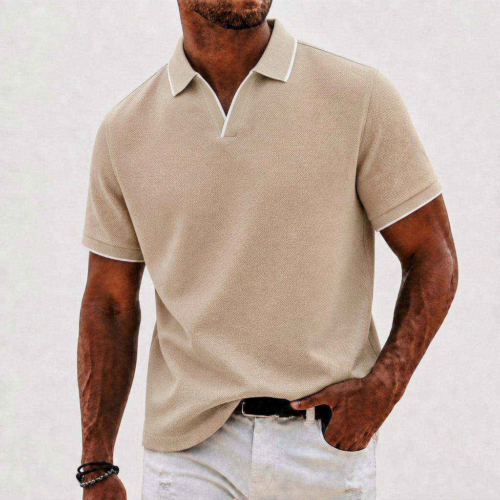 Effortless Waffle Knit Polo Shirt for Women with V Neck Collar Short Sleeve Contrast Tipped Relaxed Style