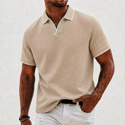 Effortless Waffle Knit Polo Shirt for Women with V Neck Collar Short Sleeve Contrast Tipped Relaxed Style