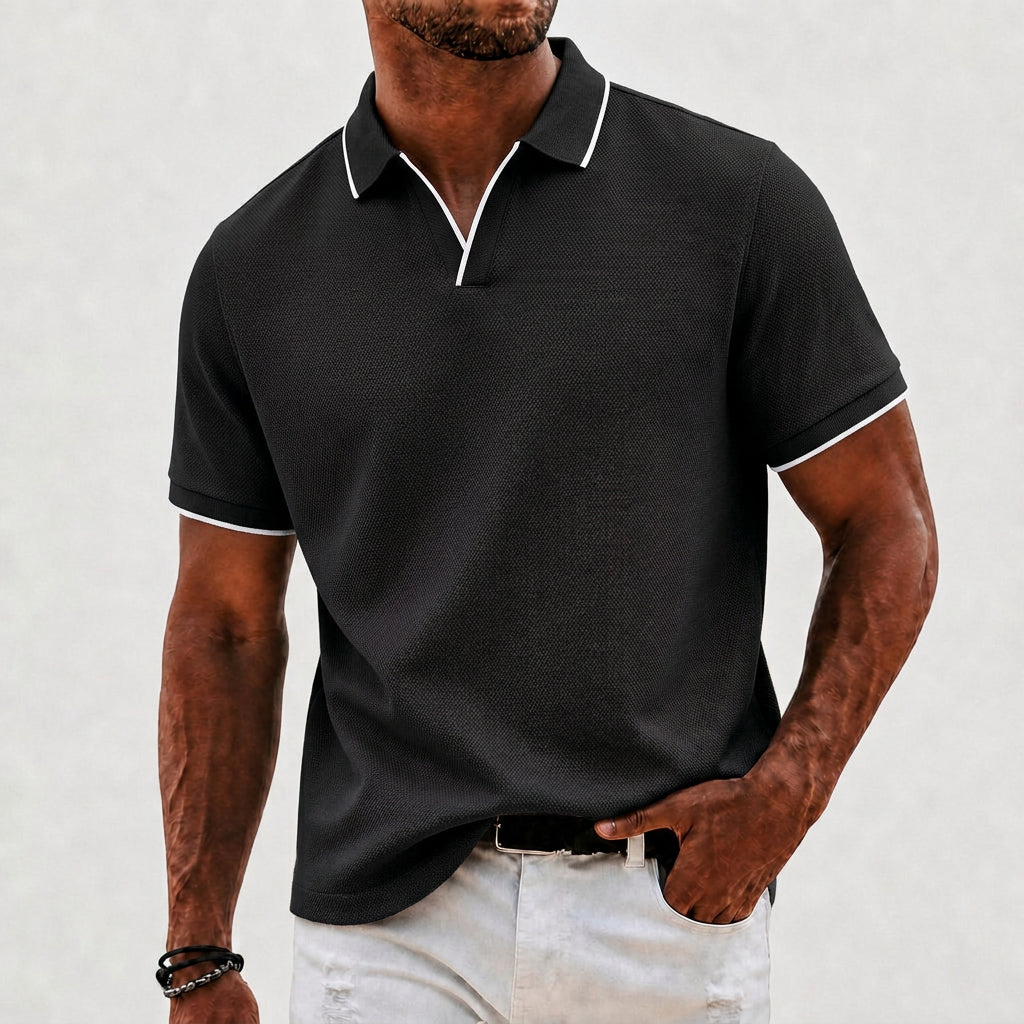 Effortless Waffle Knit Polo Shirt for Women with V Neck Collar Short Sleeve Contrast Tipped Relaxed Style