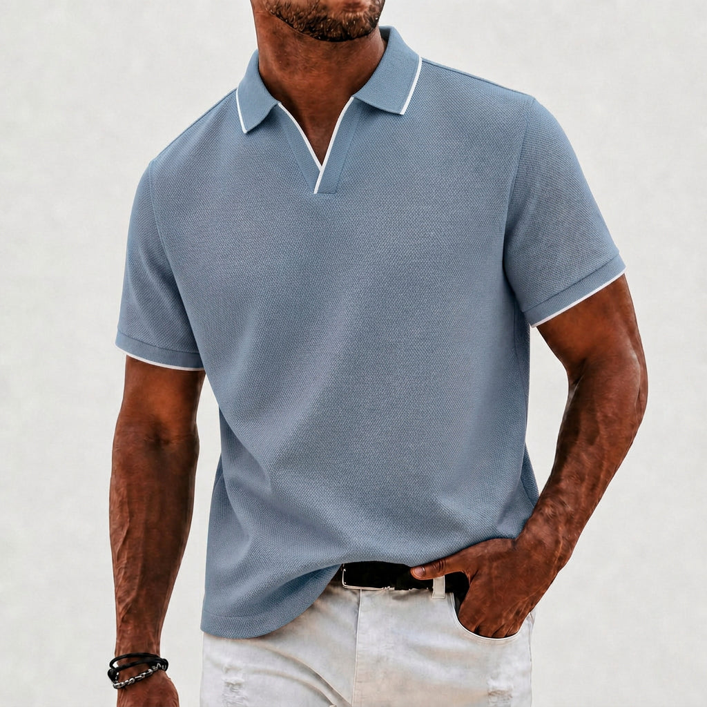 Effortless Waffle Knit Polo Shirt for Women with V Neck Collar Short Sleeve Contrast Tipped Relaxed Style
