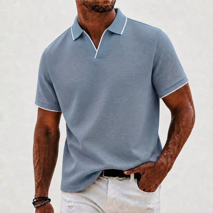 Effortless Waffle Knit Polo Shirt for Women with V Neck Collar Short Sleeve Contrast Tipped Relaxed Style