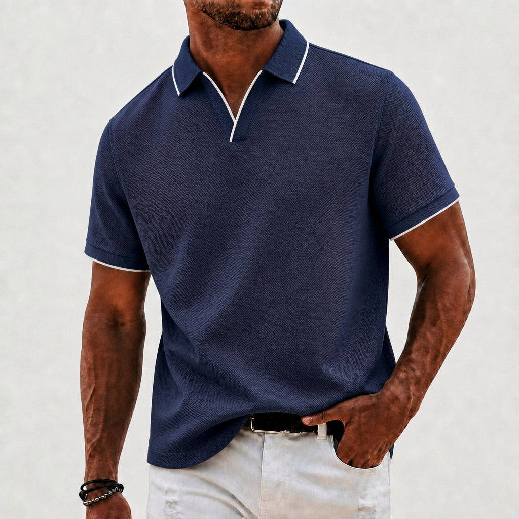 Effortless Waffle Knit Polo Shirt for Women with V Neck Collar Short Sleeve Contrast Tipped Relaxed Style