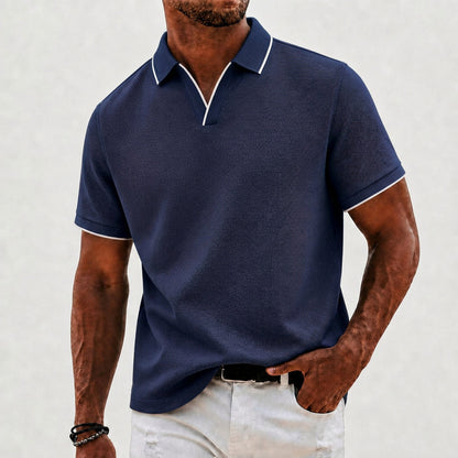 Effortless Waffle Knit Polo Shirt for Women with V Neck Collar Short Sleeve Contrast Tipped Relaxed Style