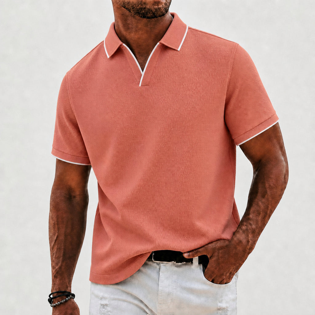 Effortless Waffle Knit Polo Shirt for Women with V Neck Collar Short Sleeve Contrast Tipped Relaxed Style