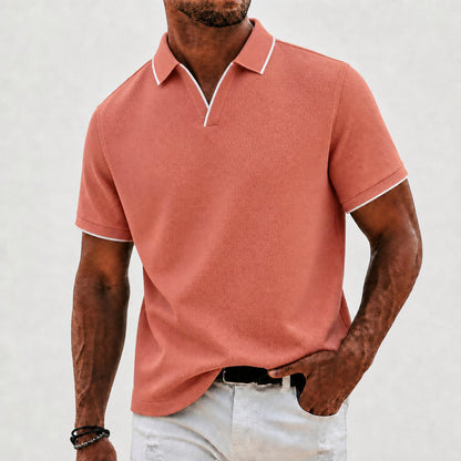 Effortless Waffle Knit Polo Shirt for Women with V Neck Collar Short Sleeve Contrast Tipped Relaxed Style