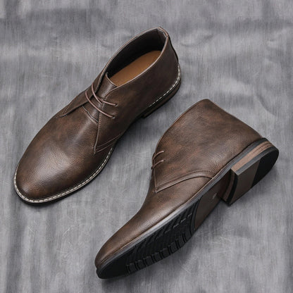 Elegant Dark Brown Leather Chukka Boots for Women with Lace Up Round Toe Stacked Heel Casual Style