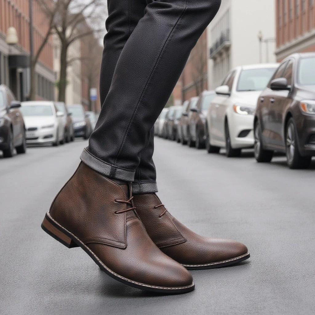 Elegant Dark Brown Leather Chukka Boots for Women with Lace Up Round Toe Stacked Heel Casual Style
