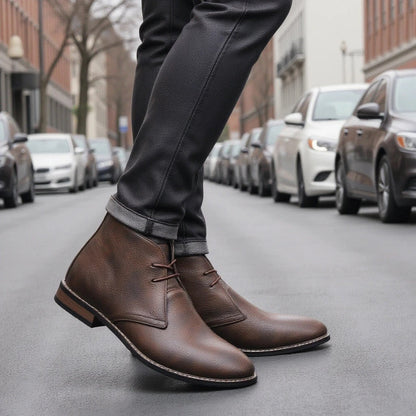 Elegant Dark Brown Leather Chukka Boots for Women with Lace Up Round Toe Stacked Heel Casual Style