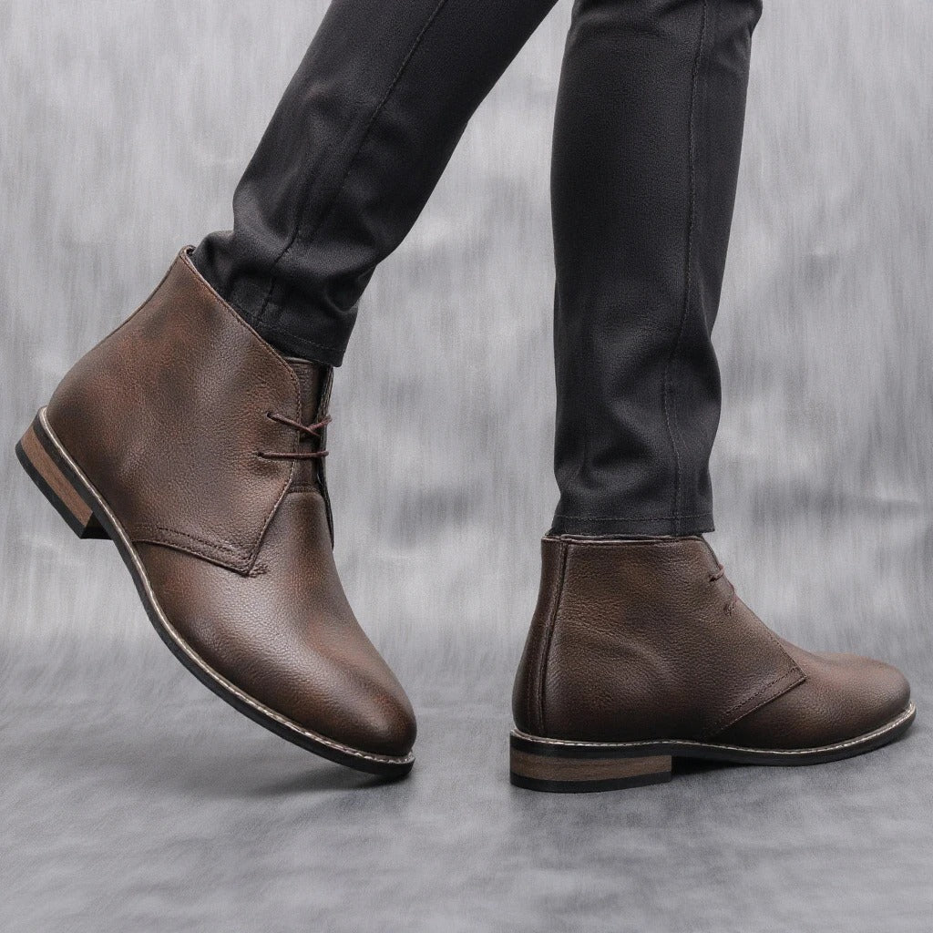 Elegant Dark Brown Leather Chukka Boots for Women with Lace Up Round Toe Stacked Heel Casual Style