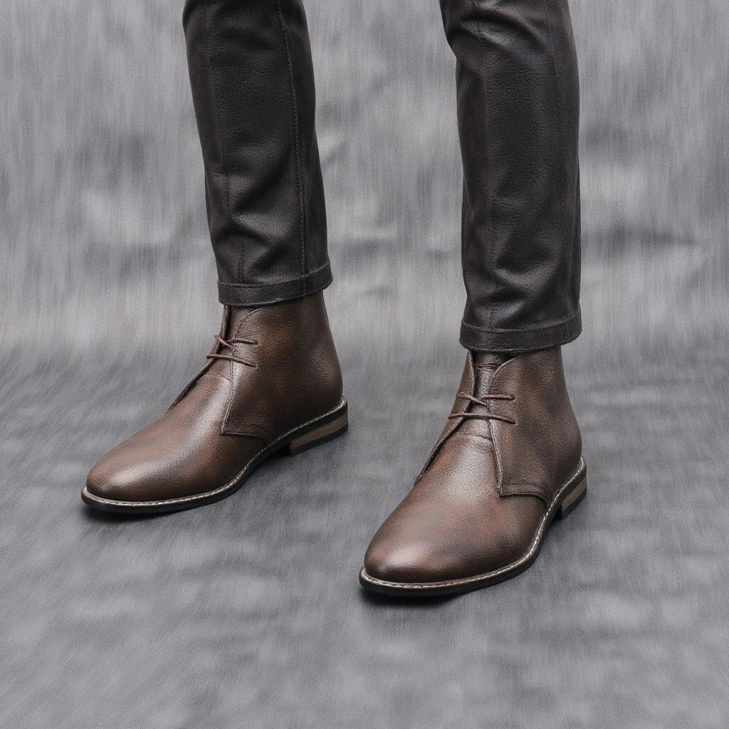 Elegant Dark Brown Leather Chukka Boots for Women with Lace Up Round Toe Stacked Heel Casual Style