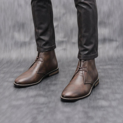 Elegant Dark Brown Leather Chukka Boots for Women with Lace Up Round Toe Stacked Heel Casual Style