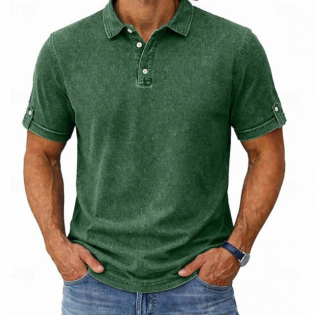 Comfortable Garment Washed Polo Shirt for Women with Collar Short Sleeve Button Placket Roll Tab Casual Style