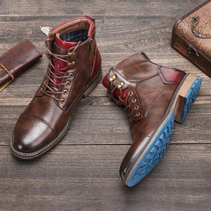 Elegant Brown Leather Ankle Boots for Women with Cap Toe Lace Up Zipper Casual Style