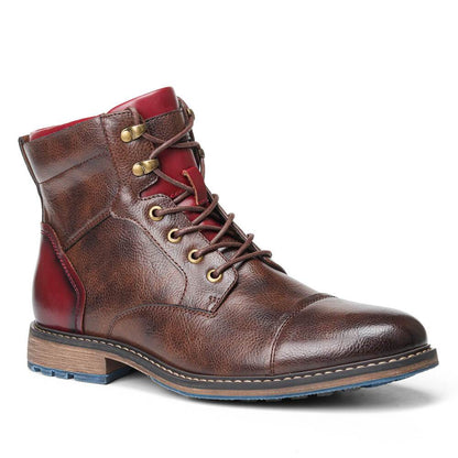 Elegant Brown Leather Ankle Boots for Women with Cap Toe Lace Up Zipper Casual Style