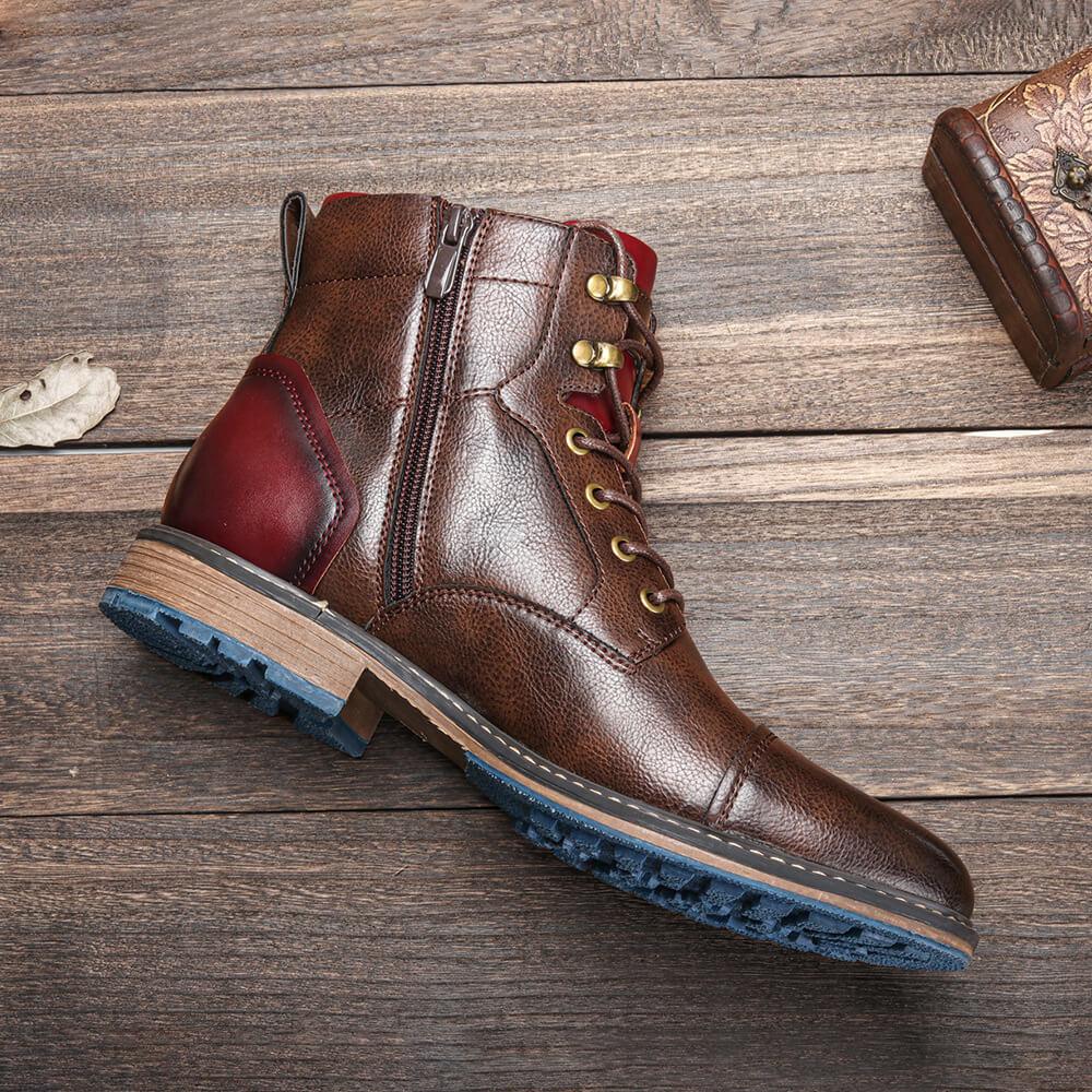 Elegant Brown Leather Ankle Boots for Women with Cap Toe Lace Up Zipper Casual Style