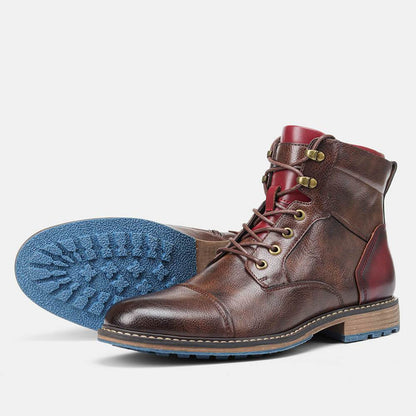 Elegant Brown Leather Ankle Boots for Women with Cap Toe Lace Up Zipper Casual Style
